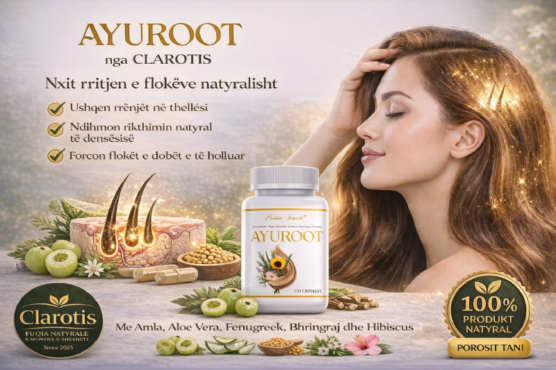AYUROOT suplement bimor nga CLAROTIS, suplement per renien e flokeve tek femrat, suplement per renien e flokeve tek meshkujt, kapsula per skalp te shendetshem, suplement per floket e holle, suplement per rritjen e flokeve shpejt, , kapsula volum flokeve